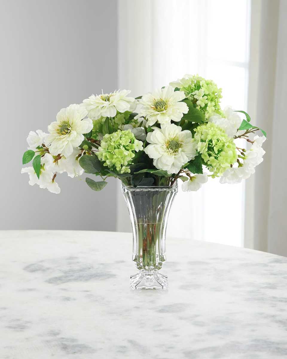 Chilly White Zinnias 21" Faux Floral Arrangement in Glass Vase